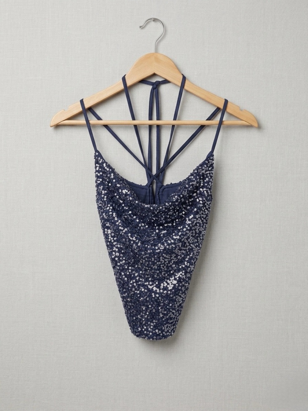 Sequin Corset Strappy Back Tank Top - Navy